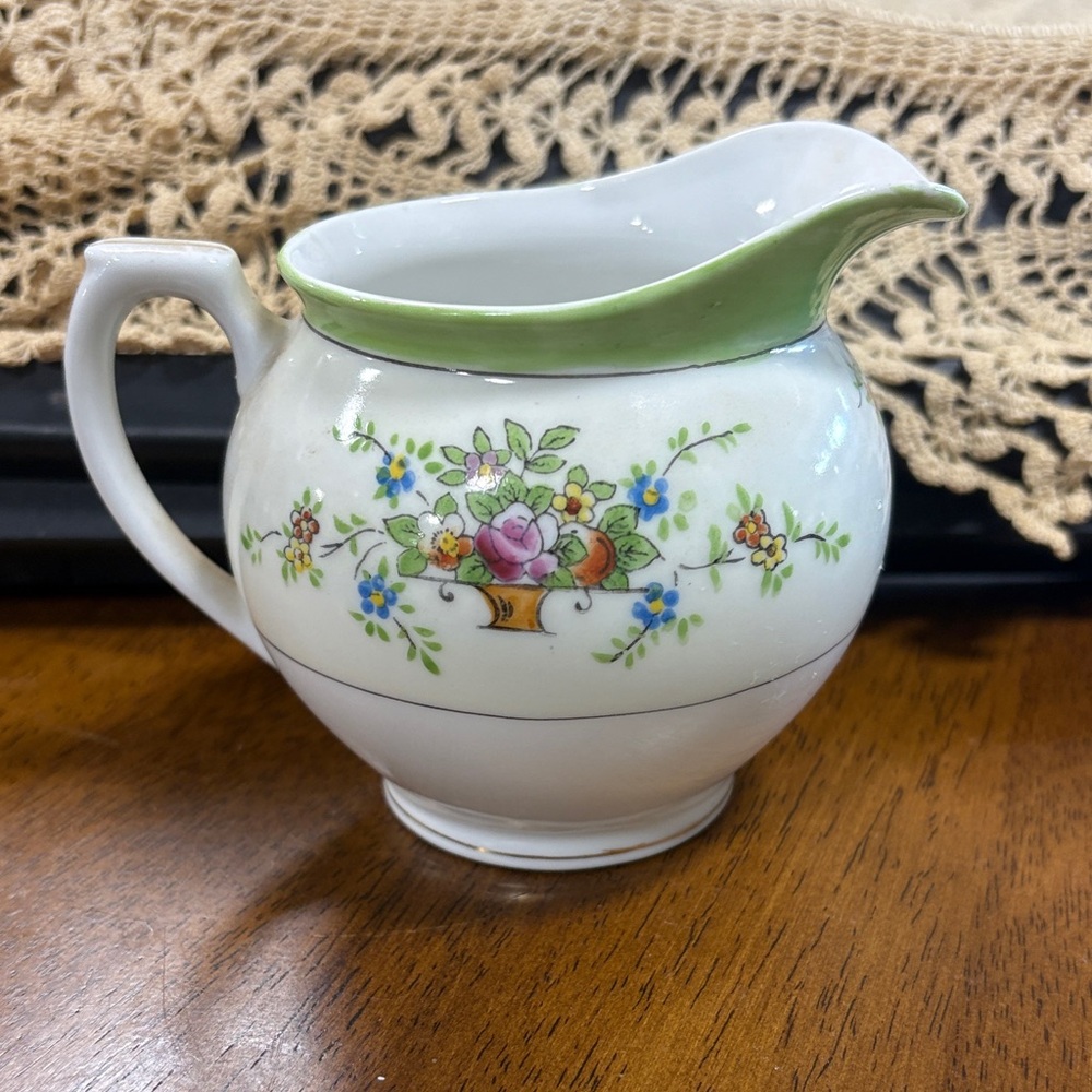 Floral Porcelain Creamer with Green Rim